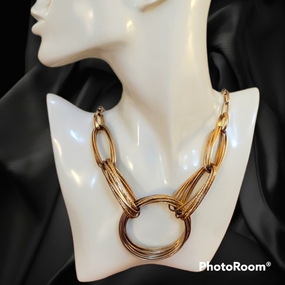 INC 1990s Silvertone Concentric Ovals Circles Link Statement Necklace - Picture 1 of 7